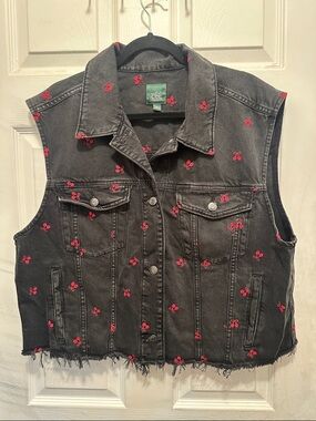 Wild Fable Black Denim Trucker Vest with Retro  Red Cherry Embroidery Detail